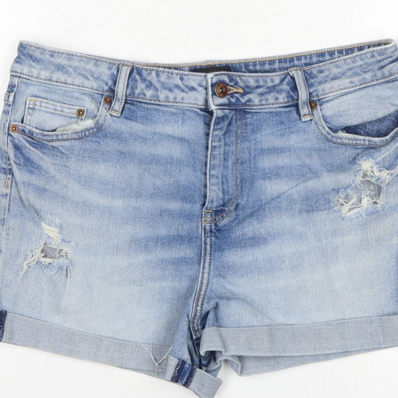 F&F Women Blue Denim Distressed Cuffed Shorts UK 14