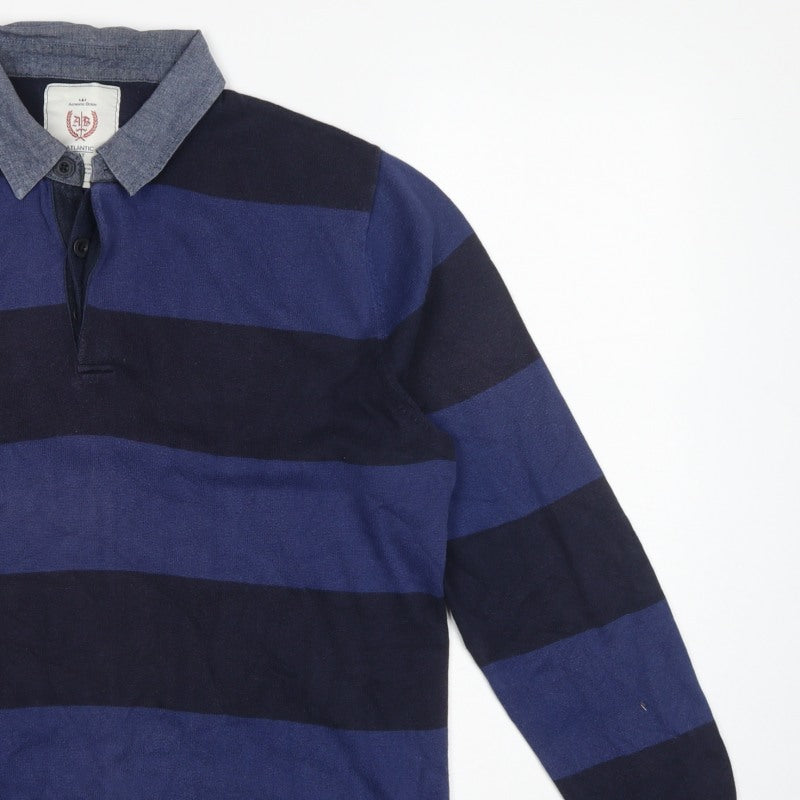 Atlantic Men’s Blue Striped L Collared Cotton Henley Jumper