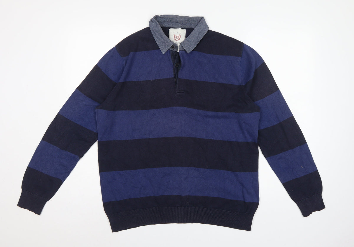 Atlantic Men’s Blue Striped L Collared Cotton Henley Jumper