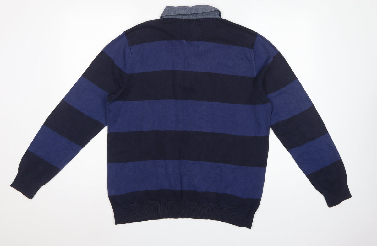 Atlantic Men’s Blue Striped L Collared Cotton Henley Jumper