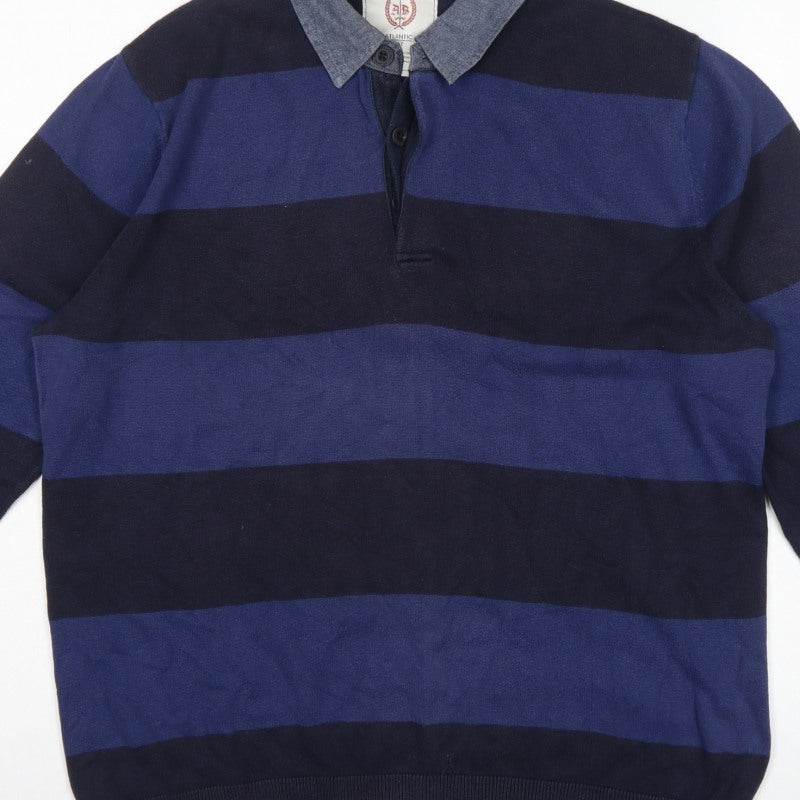 Atlantic Men’s Blue Striped L Collared Cotton Henley Jumper