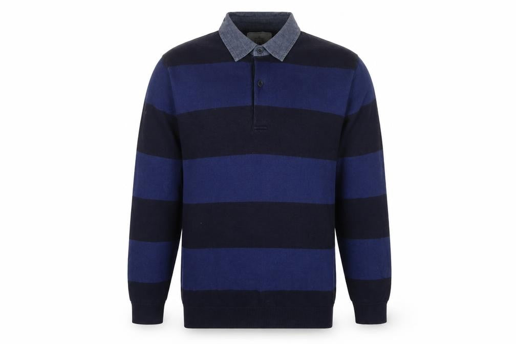 Atlantic Men’s Blue Striped L Collared Cotton Henley Jumper
