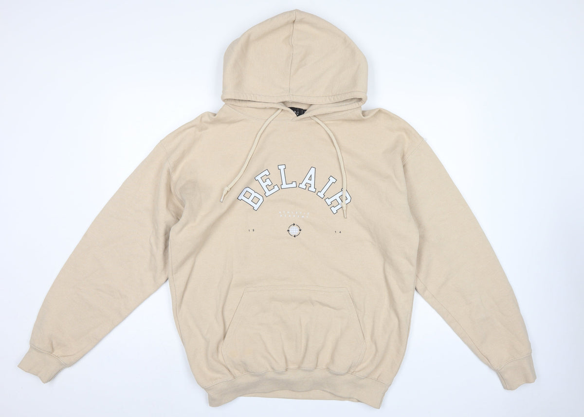 BoohooMAN Men's Beige S Pullover Hoodie Athletic Academy Graphic Pocket