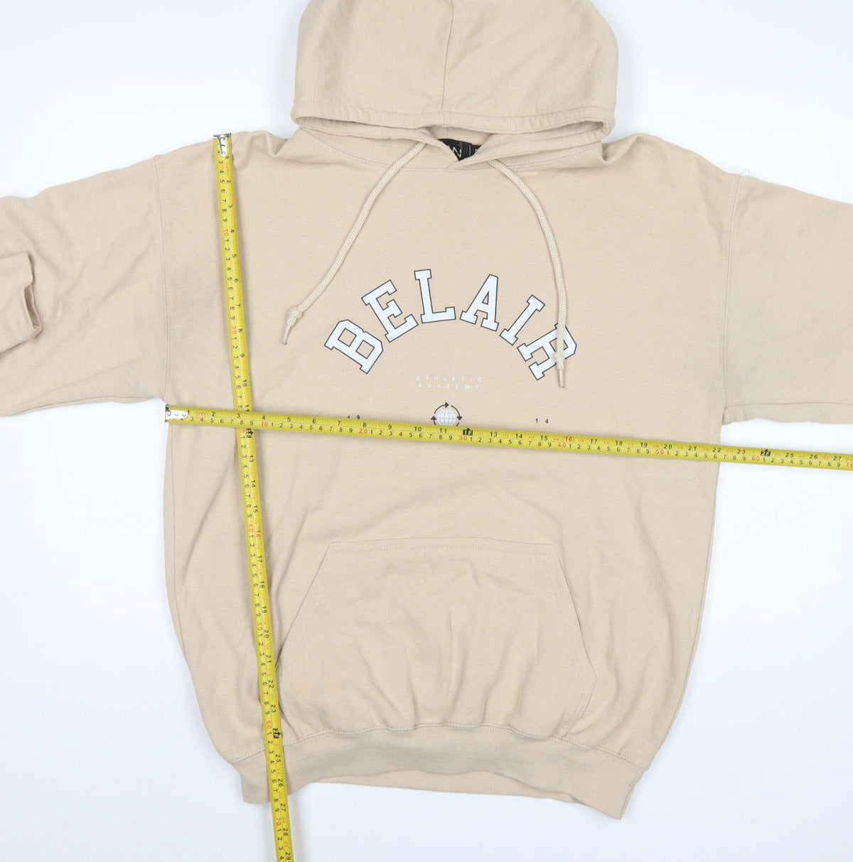 BoohooMAN Men's Beige S Pullover Hoodie Athletic Academy Graphic Pocket