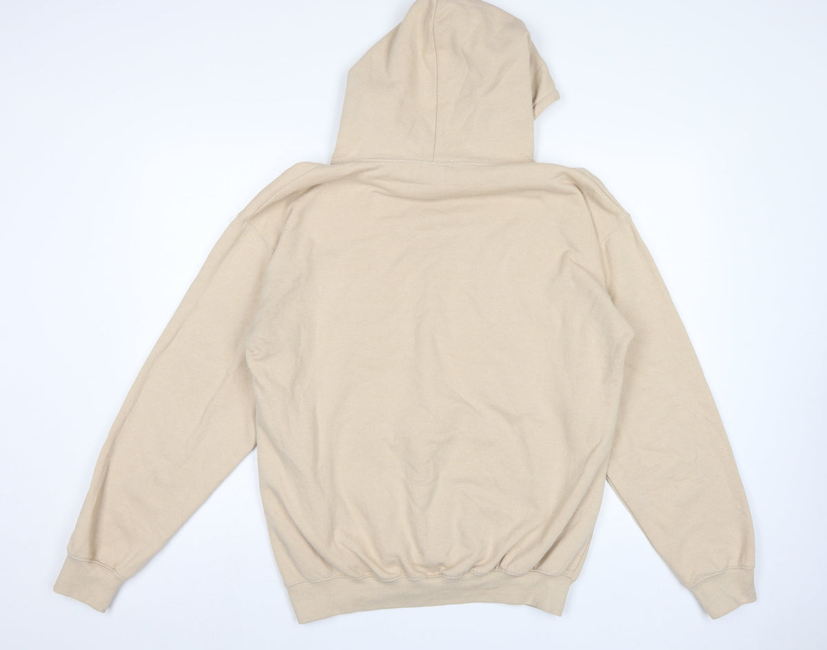 BoohooMAN Men's Beige S Pullover Hoodie Athletic Academy Graphic Pocket