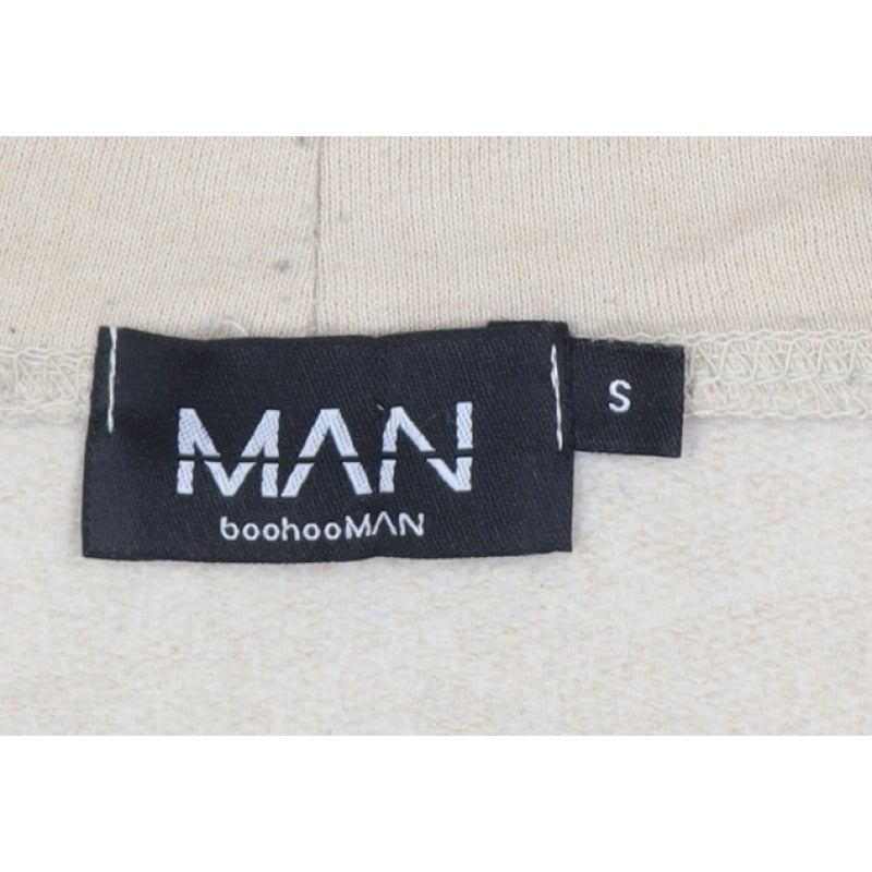 BoohooMAN Men's Beige S Pullover Hoodie Athletic Academy Graphic Pocket