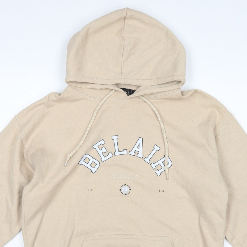 BoohooMAN Men's Beige S Pullover Hoodie Athletic Academy Graphic Pocket