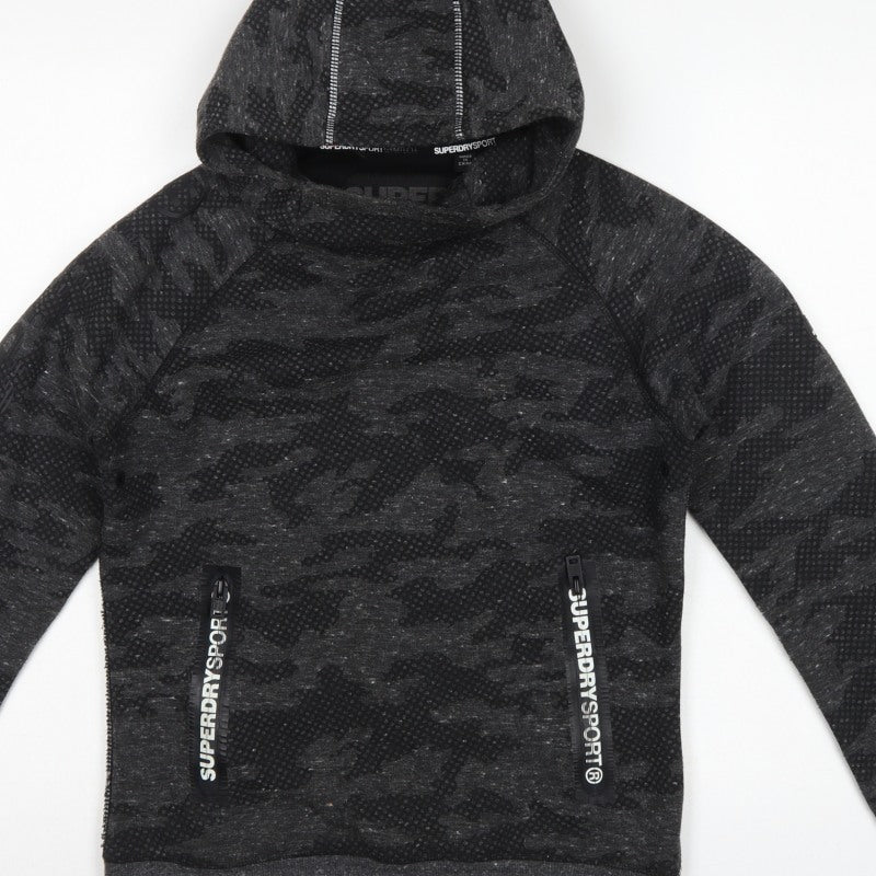 Superdry Sport Women’s Black Camo Hoodie S Pullover Zip Pockets