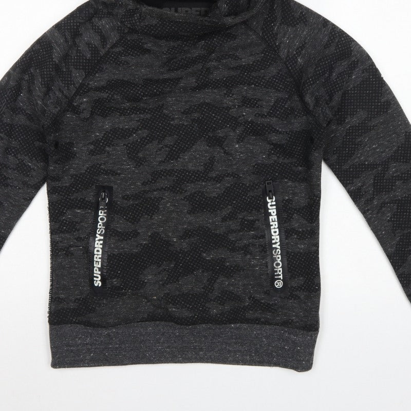 Superdry Sport Women’s Black Camo Hoodie S Pullover Zip Pockets