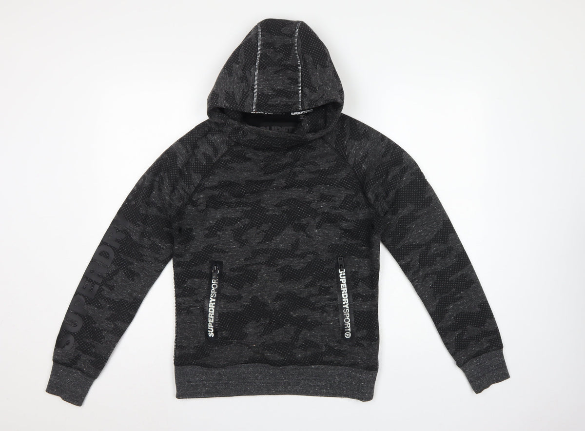 Superdry Sport Women’s Black Camo Hoodie S Pullover Zip Pockets
