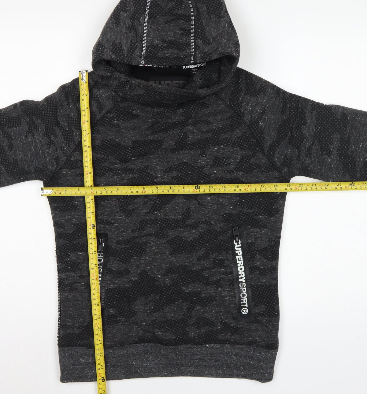 Superdry Sport Women’s Black Camo Hoodie S Pullover Zip Pockets