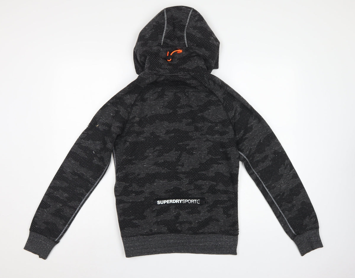 Superdry Sport Women’s Black Camo Hoodie S Pullover Zip Pockets