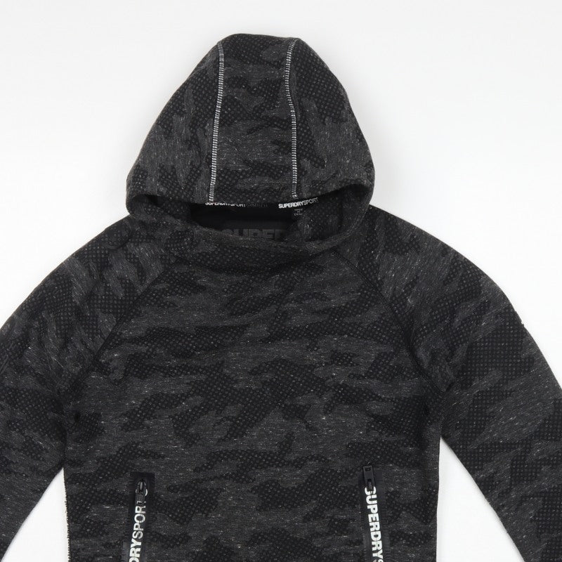 Superdry Sport Women’s Black Camo Hoodie S Pullover Zip Pockets