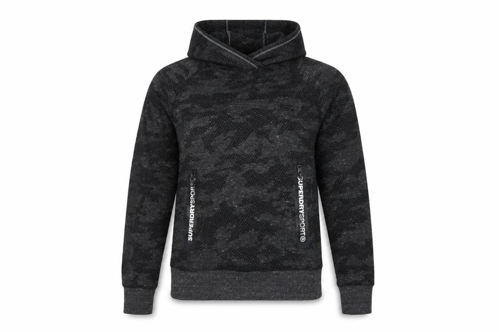 Superdry Sport Women’s Black Camo Hoodie S Pullover Zip Pockets