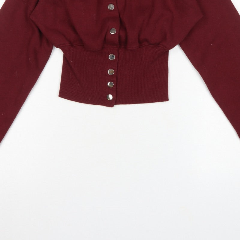 Stylewise Women Red M Cropped Snap Button Sweatshirt Bomber Cardigan