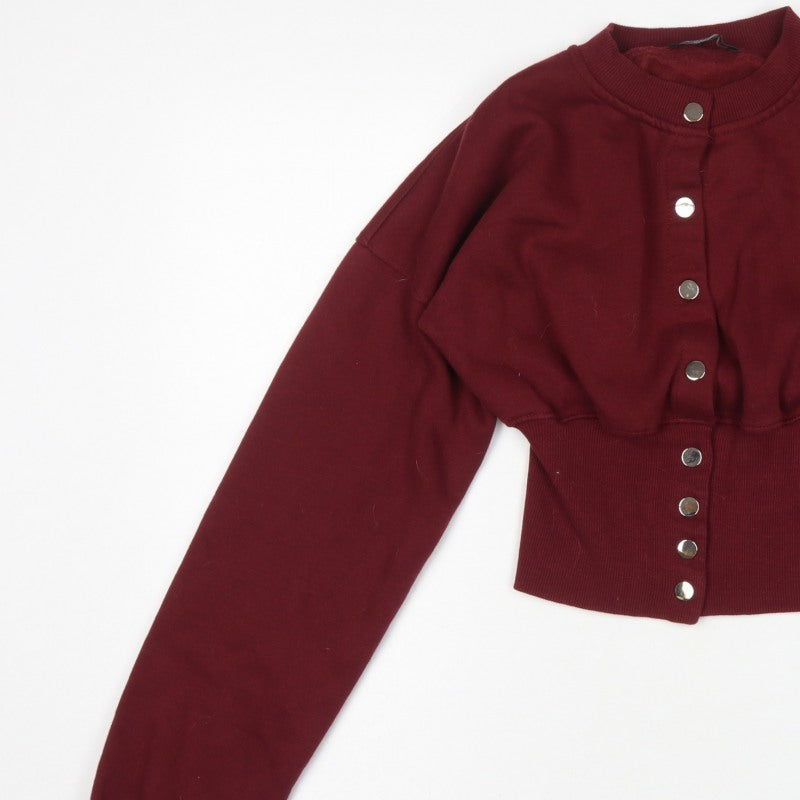 Stylewise Women Red M Cropped Snap Button Sweatshirt Bomber Cardigan