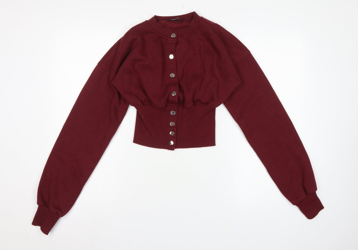 Stylewise Women Red M Cropped Snap Button Sweatshirt Bomber Cardigan