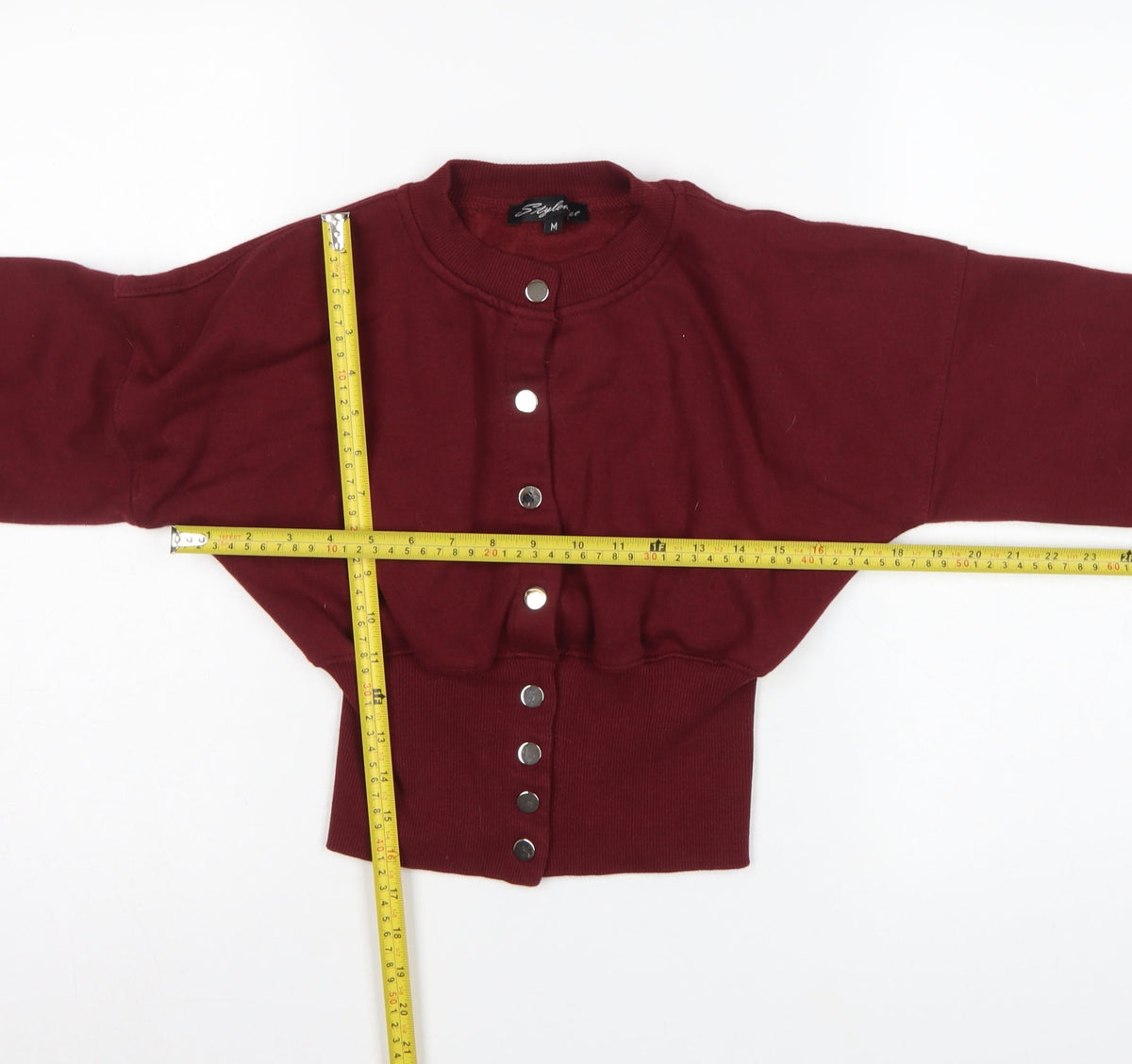 Stylewise Women Red M Cropped Snap Button Sweatshirt Bomber Cardigan