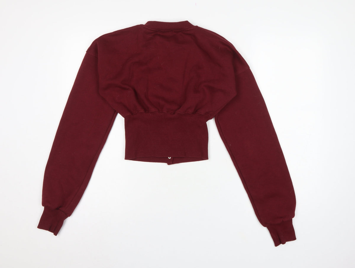 Stylewise Women Red M Cropped Snap Button Sweatshirt Bomber Cardigan