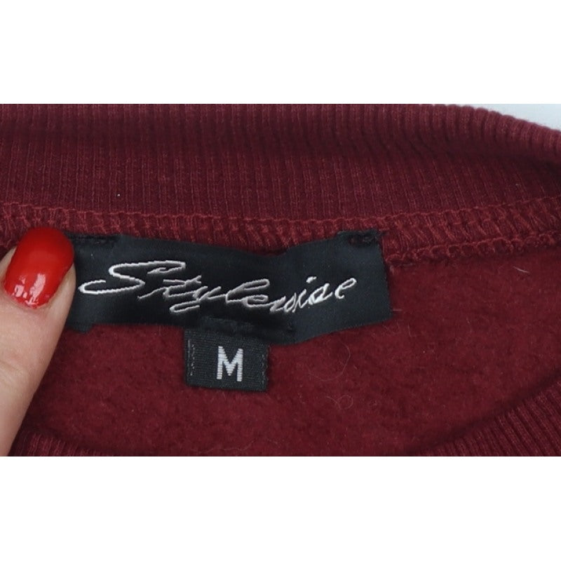 Stylewise Women Red M Cropped Snap Button Sweatshirt Bomber Cardigan