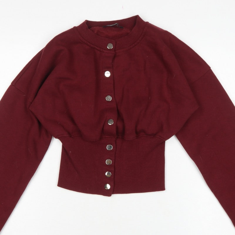 Stylewise Women Red M Cropped Snap Button Sweatshirt Bomber Cardigan