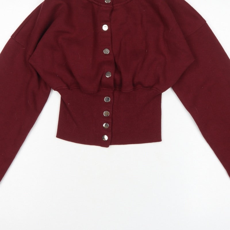 Stylewise Women Red M Cropped Snap Button Sweatshirt Bomber Cardigan