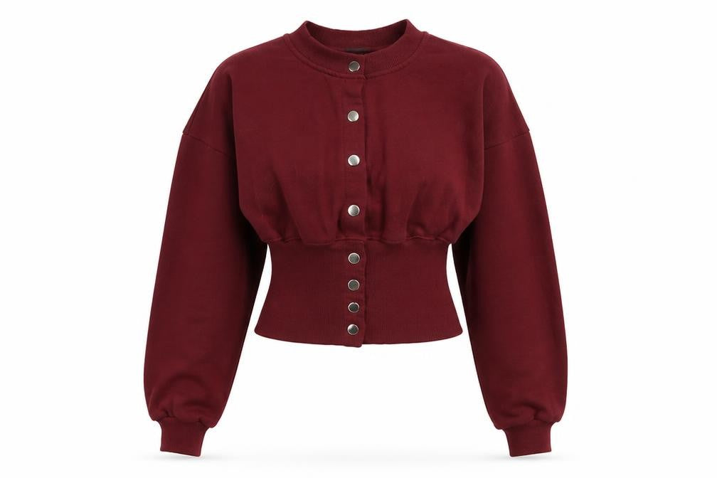 Stylewise Women Red M Cropped Snap Button Sweatshirt Bomber Cardigan