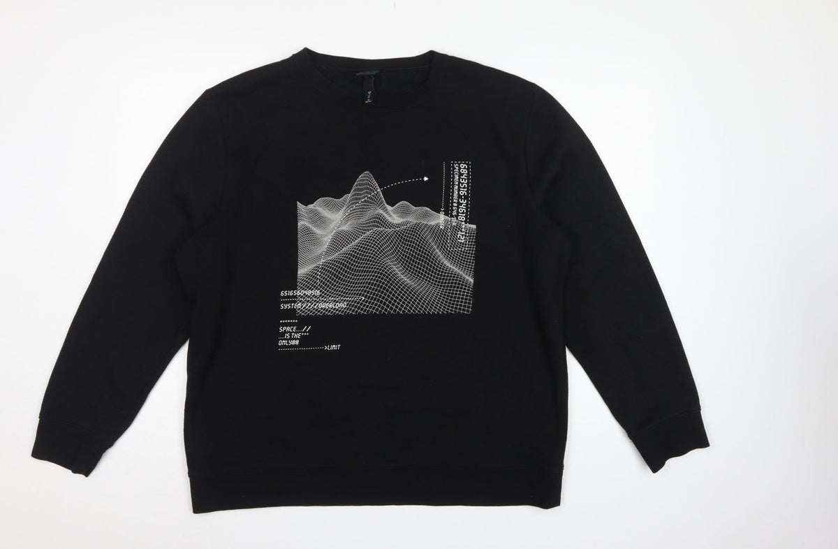 H&M Men Black XL Space Graphic Print Crew Neck Pullover Sweatshirt