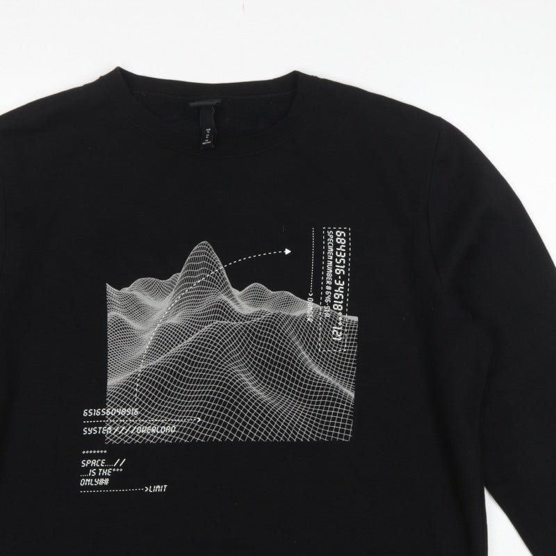 H&M Men Black XL Space Graphic Print Crew Neck Pullover Sweatshirt