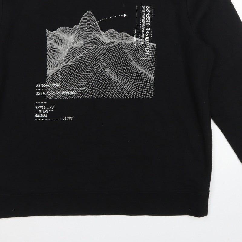 H&M Men Black XL Space Graphic Print Crew Neck Pullover Sweatshirt