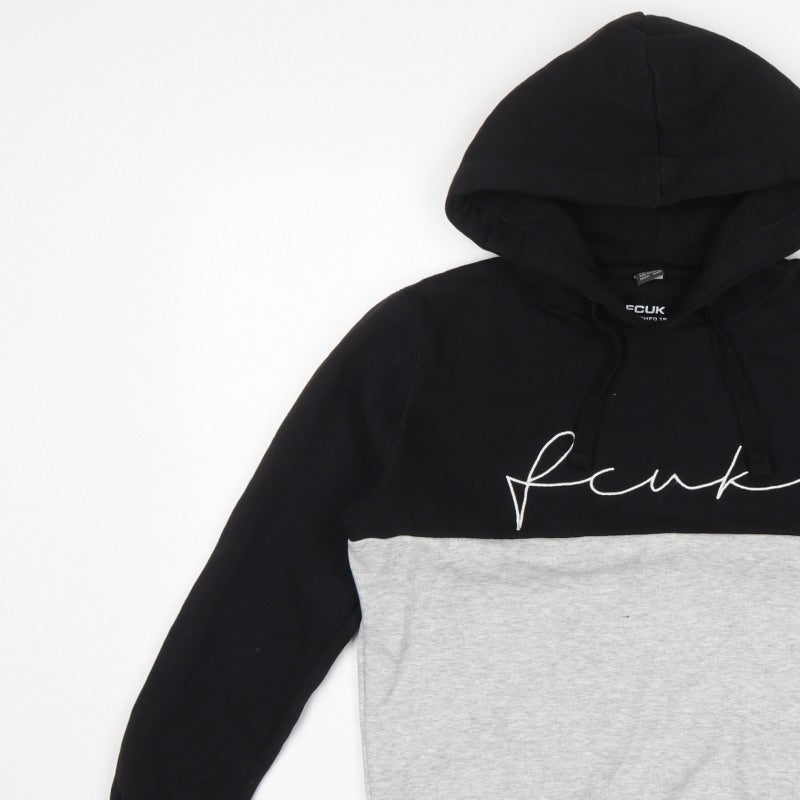 FCUK Men’s Black Grey S Pullover Hoodie Embroidered Logo