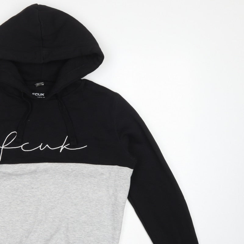 FCUK Men’s Black Grey S Pullover Hoodie Embroidered Logo