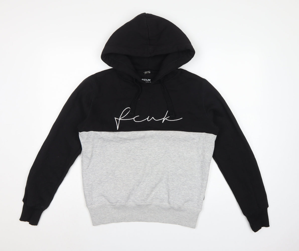 FCUK Men’s Black Grey S Pullover Hoodie Embroidered Logo