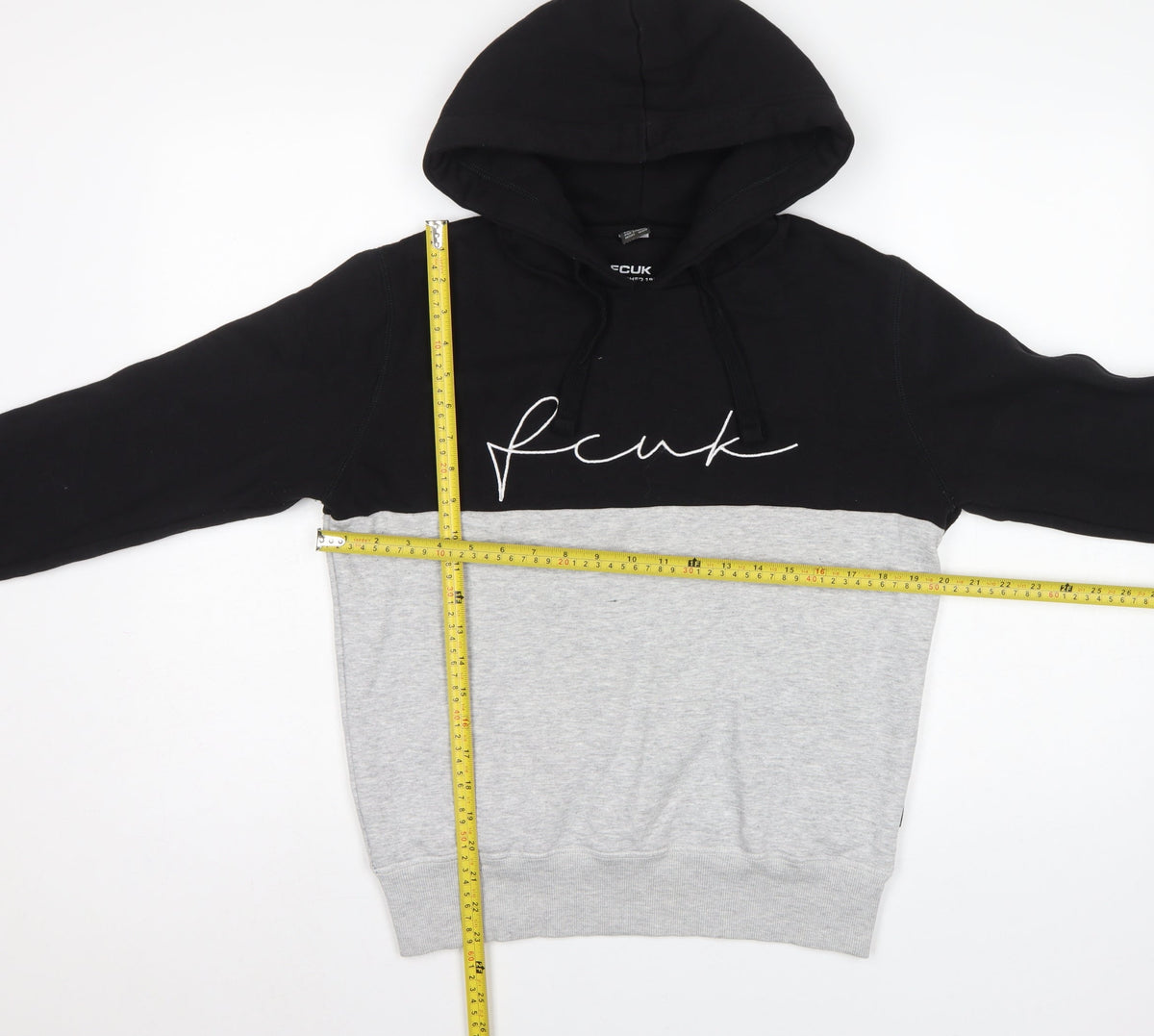 FCUK Men’s Black Grey S Pullover Hoodie Embroidered Logo