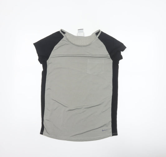 Nike Women Grey Black Dri-FIT Colourblock Athletic Jersey T-Shirt S