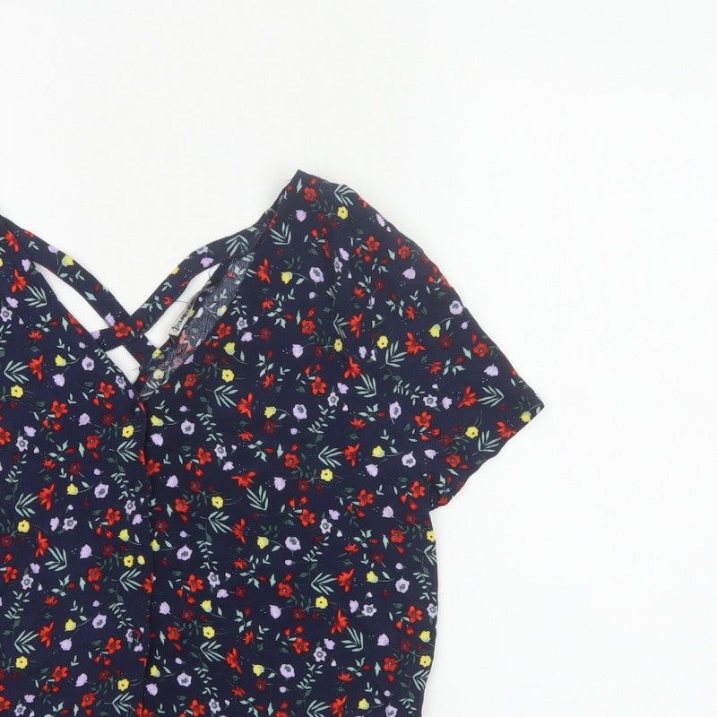 Stradivarius Women Blue Floral V-Neck Short Sleeve Open Back Blouse S