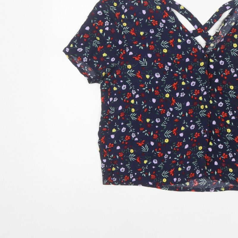 Stradivarius Women Blue Floral V-Neck Short Sleeve Open Back Blouse S