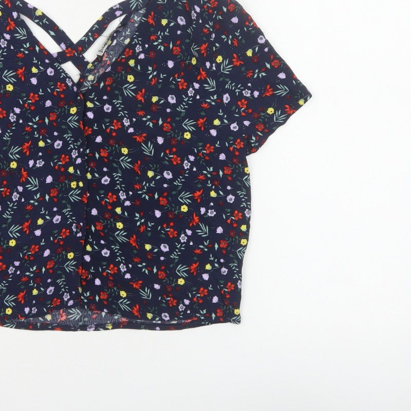 Stradivarius Women Blue Floral V-Neck Short Sleeve Open Back Blouse S