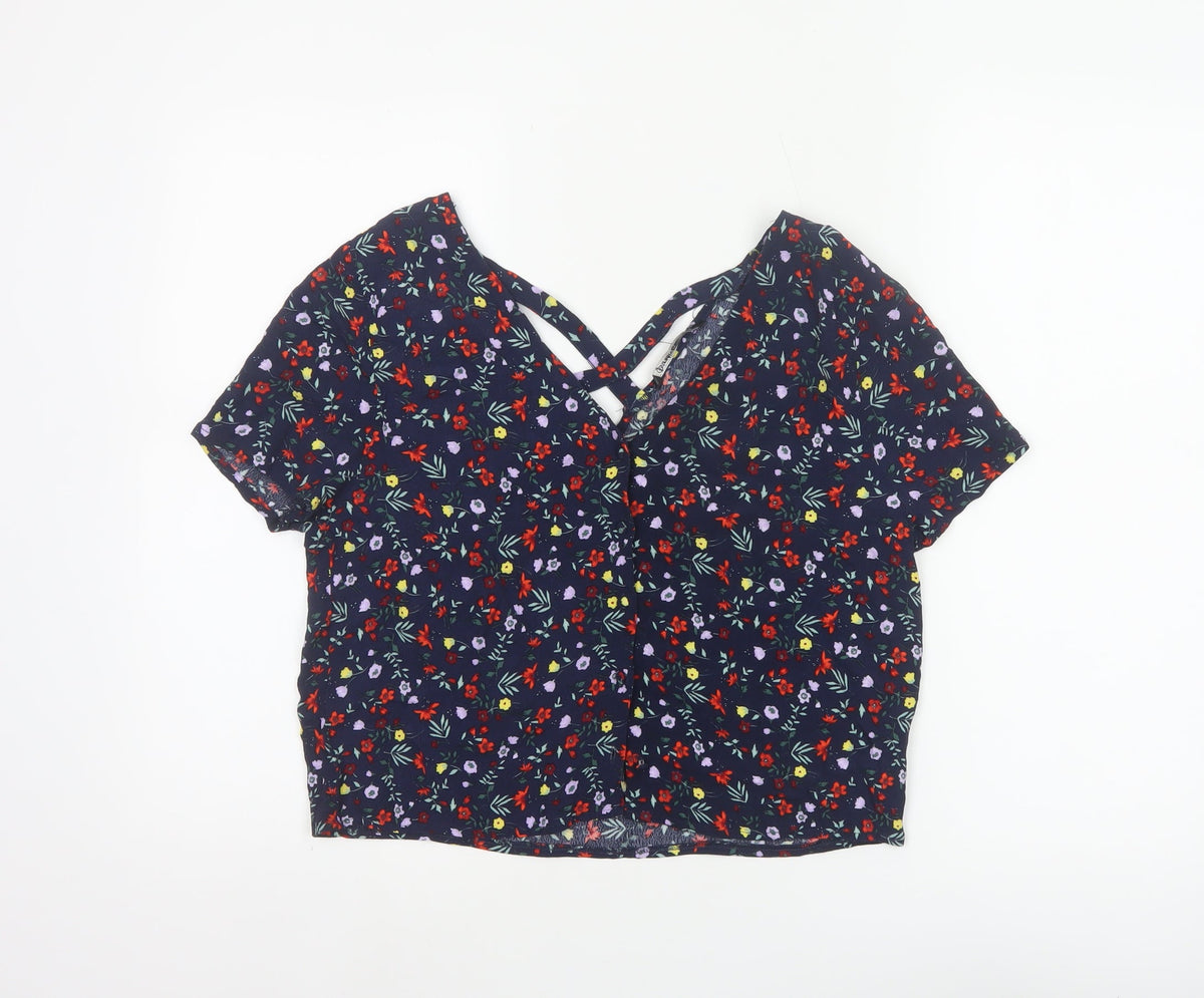 Stradivarius Women Blue Floral V-Neck Short Sleeve Open Back Blouse S