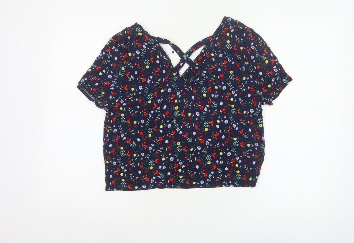 Stradivarius Women Blue Floral V-Neck Short Sleeve Open Back Blouse S