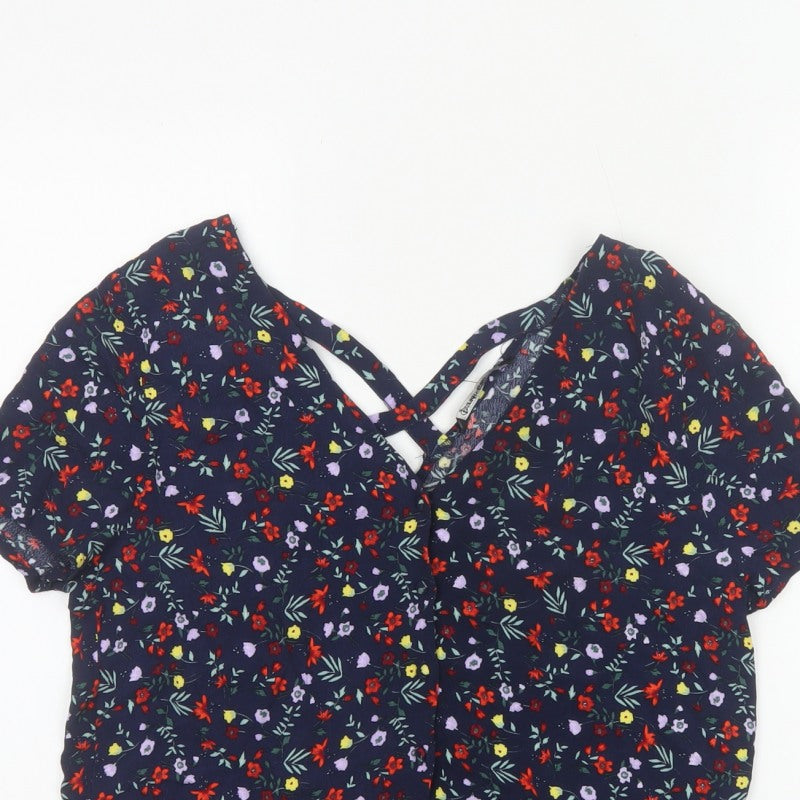 Stradivarius Women Blue Floral V-Neck Short Sleeve Open Back Blouse S