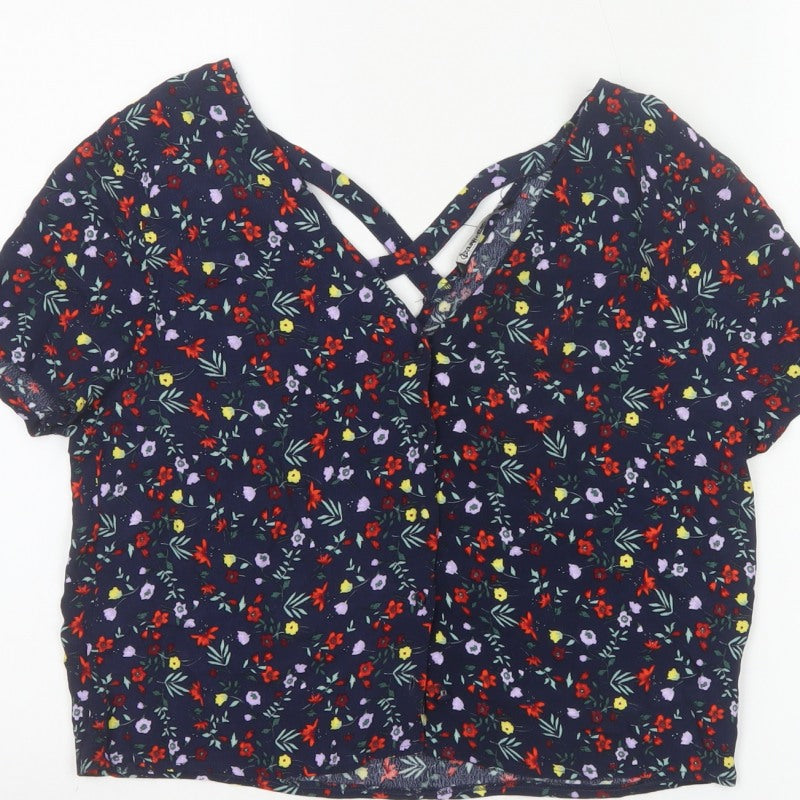 Stradivarius Women Blue Floral V-Neck Short Sleeve Open Back Blouse S