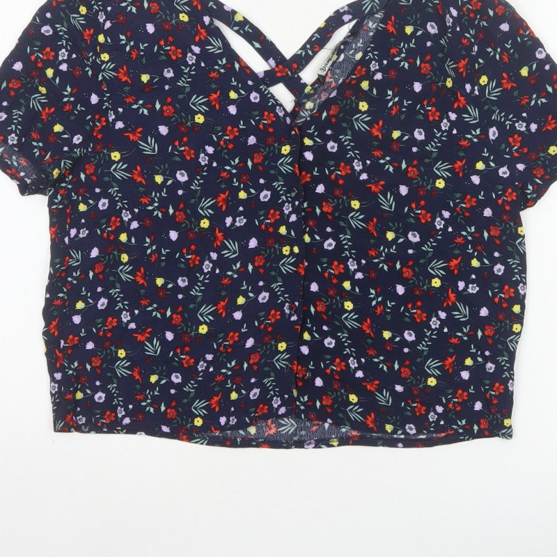 Stradivarius Women Blue Floral V-Neck Short Sleeve Open Back Blouse S