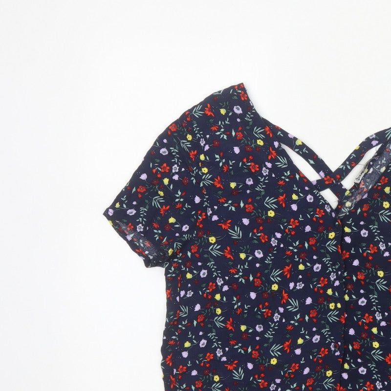 Stradivarius Women Blue Floral V-Neck Short Sleeve Open Back Blouse S
