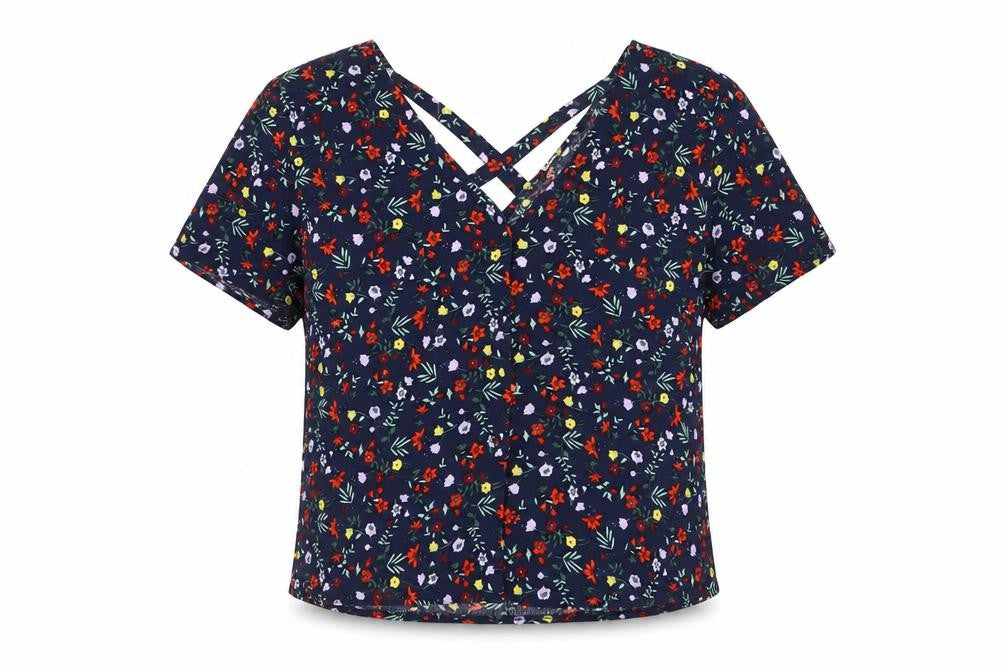 Stradivarius Women Blue Floral V-Neck Short Sleeve Open Back Blouse S