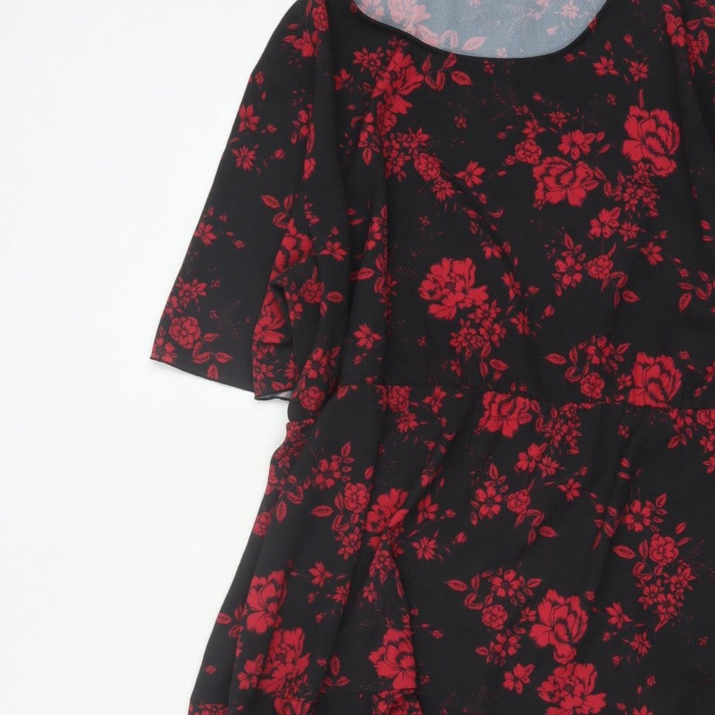 Boohoo Women Black Red Floral Fit & Flare Ruffle Dress UK 20