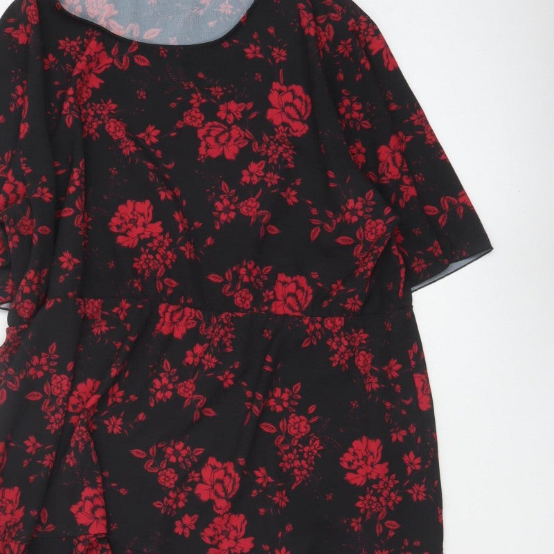 Boohoo Women Black Red Floral Fit & Flare Ruffle Dress UK 20