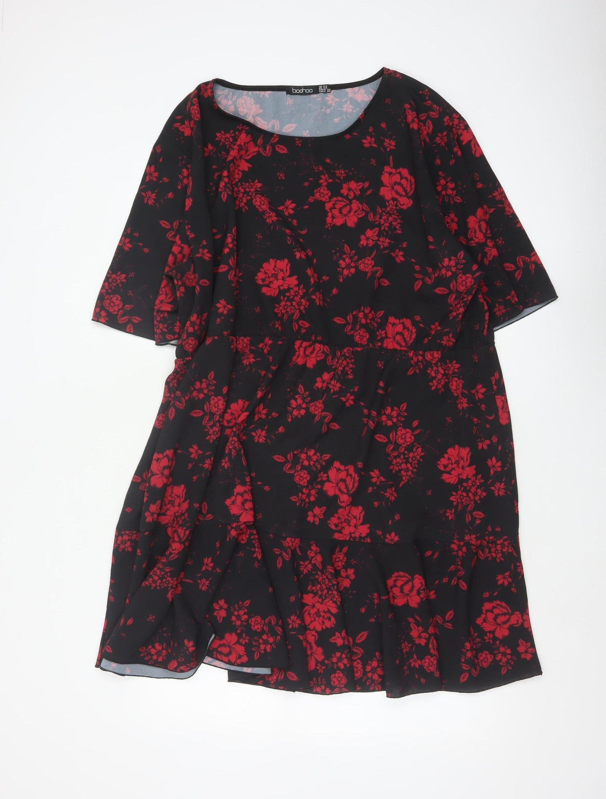 Boohoo Women Black Red Floral Fit & Flare Ruffle Dress UK 20