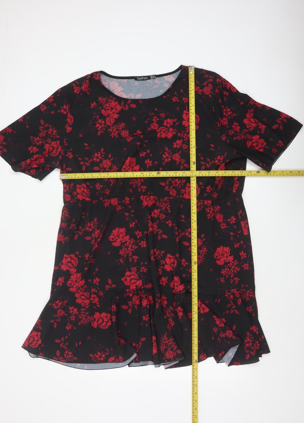 Boohoo Women Black Red Floral Fit & Flare Ruffle Dress UK 20