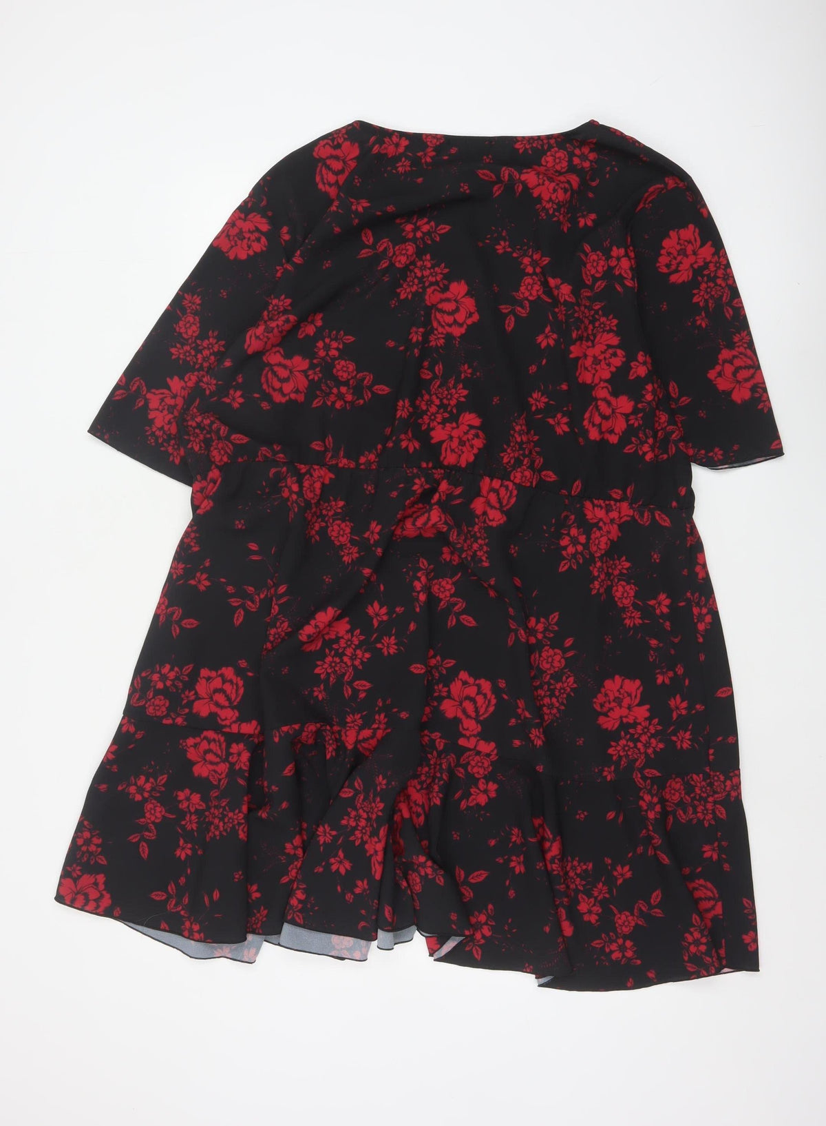 Boohoo Women Black Red Floral Fit & Flare Ruffle Dress UK 20